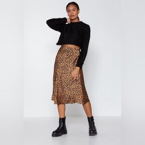 Nasty Gal Come Down On Em Leopard Midi Skirt Tan Satin Size 8 US 12 UK NWT